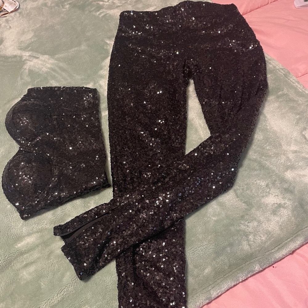 Black Sequin Pant Set with Strapless Top